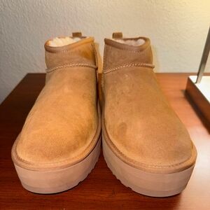 UGG Tan Winter Boots with Plush Suede and Chunky Sole